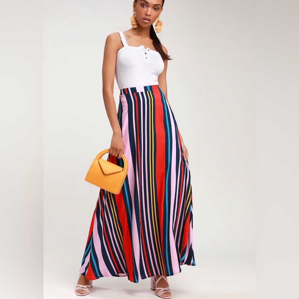 Lulus Van Nuys Multi Colorful Striped Maxi Skirt XS‎ Lined Elastic Zip Boho Chic